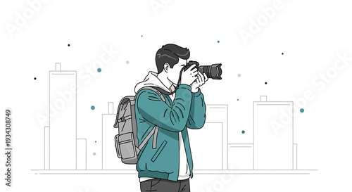 Photographer with Camera and Backpack Capturing Cityscape in Minimalist Illustration
