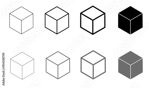 Set of isometric cube icons in various line weights and styles, featuring dashed lines, solid outlines, and filled 3D shapes