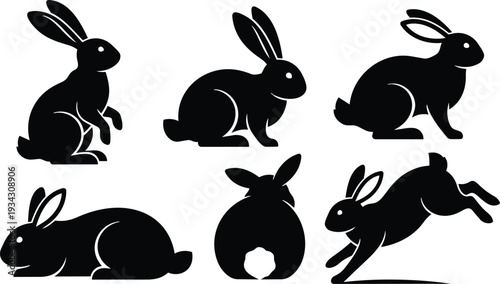 Flat vector art six black rabbit silhouettes in various poses side view running jumping crouching sitting resting on white background high contrast minimal shapes clean iconic