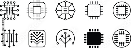 technology microchip and cpu icon set. circuit board, processor, digital hardware. vector illustration