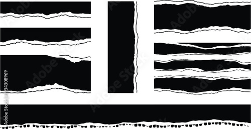 Minimalist vector torn paper strips set with jagged edges horizontal and vertical banners grunge texture isolated on white background close up view flat art high contrast