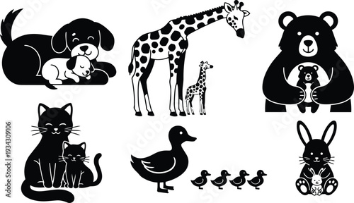 Minimalist black silhouette animal icons showing dog with puppy sleeping cat with kitten giraffe adult and baby bear holding cub duck with ducklings rabbit holding bunny