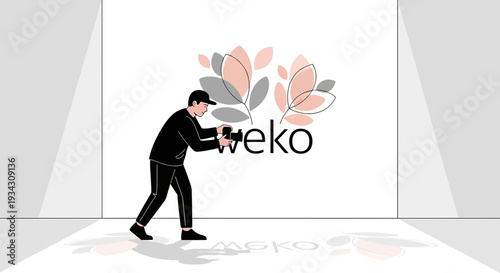 Photographer Capturing Abstract Floral Art on White Wall