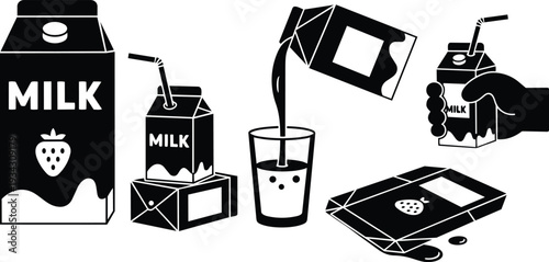 Minimalist vector close up strawberry milk carton pouring into glass held by hand top view close up spilled pack bold black and white flat design clean simple silhouette