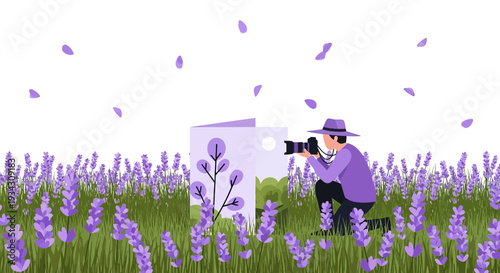 Photographer Capturing Lavender Field Bloom, Flower Petals Falling