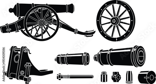 Silhouette vector flat design cannon parts set with wheel barrel and mounting bracket exploded view colonial artillery black and white isolated pieces historical muzzleloader carriage hardware