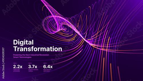 Tech Innovation Visualization. Dynamic Data Flow in Purple Gradient. AI Processing Concept with Particle Bokeh Effects. Modern Digital Transformation Design.