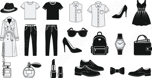 Fashion clothing and accessories icon set, black and white apparel collection including shoes, bags, dresses and cosmetics illustration