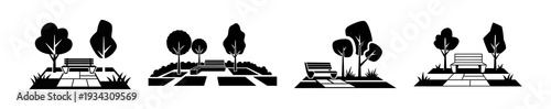 Collection of stylized park scenes with trees, benches, and pathways creating serene outdoor settings for relaxation and leisure