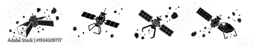 Four sequential illustrations depicting the journey of a satellite encountering space debris and potentially collecting it