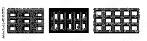 Abstract minimalist graphic illustration featuring three distinct perforated rectangular grid patterns in black and white, ideal for modern design elements and architectural concepts