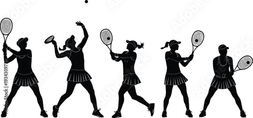 Female tennis player silhouettes collection, black and white sports action illustration showing serving and swinging poses isolated on background