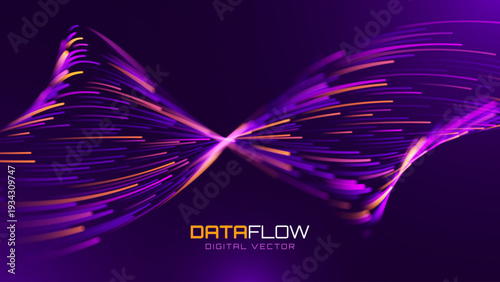 Abstract Tech Flow with Data Paths and AI-Powered Signals. Purple Light Trails in a Digital Network. High-Speed Wireless and Fiber Connections Tech Presentation Background Vector.