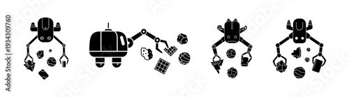 A diverse collection of black and white robotic arm icons showcasing various automated industrial processes, technological advancements, and mechanical assembly tasks with precision