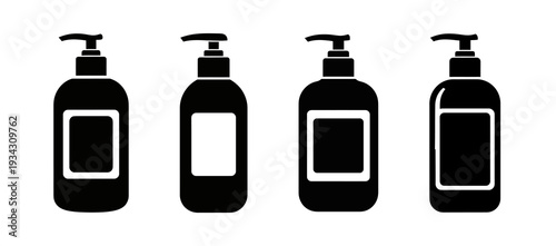 Set of minimalist black pump dispenser bottle icons, perfect for representing various personal care and hygiene liquid products in modern graphic design projects and digital interfaces