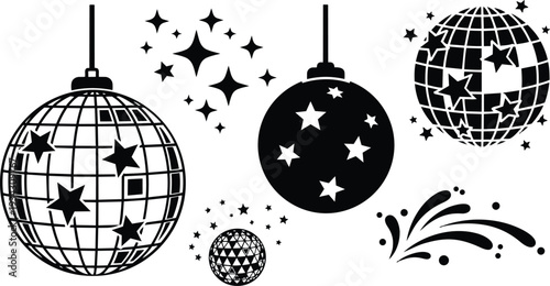 Minimalist black disco ball and star ornaments hanging close up with sparkle cluster and abstract splash elements flat vector art top view festive party decoration