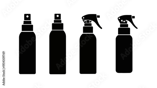 Collection of four black spray bottles with triggers and nozzles on a white background, isolated icons