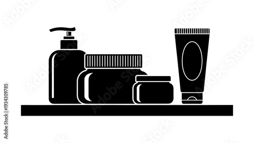 Collection of personal care and beauty products displayed on a shelf, including bottles and jars for skincare and hygiene routines