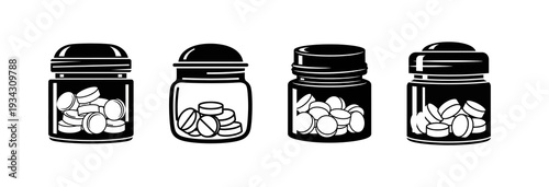 Set of four black glass jars filled with small white pills or tablets, presented in a clean, minimalist illustration