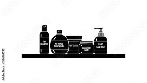 Clean minimalist silhouette illustration of essential personal care and hygiene products, including bottles and jars, neatly organized on a bathroom shelf for daily self-care