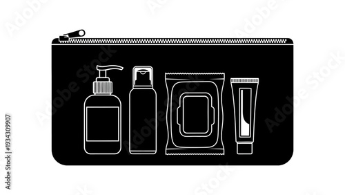 Compact black travel pouch with essential personal care items, featuring a pump bottle, spray can, wet wipes, and a cream tube, for organized hygiene on the go