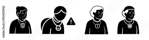 Collection of four icons depicting people, with one showing a warning symbol, representing a group or community and highlighting potential issues or alerts