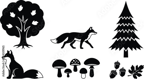 Minimalist vector art forest icon set showing walking fox and sitting fox beside pine tree mushrooms acorns scattered leaves in flat black and white silhouette collection
