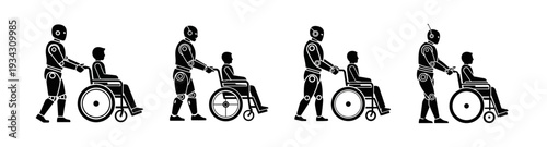 A compassionate robotic assistant provides mobility support to an individual in a wheelchair, illustrating the future of inclusive technology and personal care through advanced automation