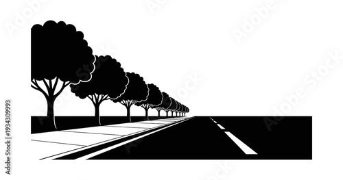 Striking monochromatic illustration of a tree-lined road receding into the distance, symbolizing a journey towards the future, path of progress, or endless possibilities for modern design