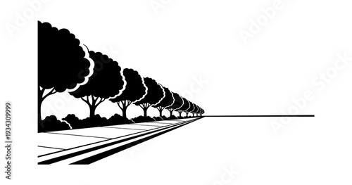 A perspective view of a tree-lined road with shadows cast on the ground, creating a sense of depth and distance