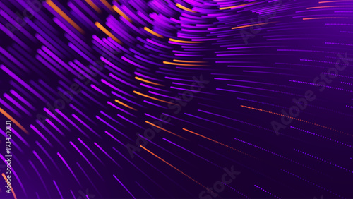 Glowing Neon Fibers Pulse With Electric Data Streams Purple Backdrop. High-Speed 5G Internet Transmission Visualized as Dynamic Optical Flow. Futuristic Tech Vector Background.