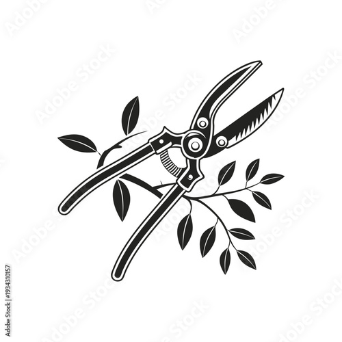 Black and White Illustration of Pruning Shears with Leaves � Minimal Botanical Cutting Tool Graphic