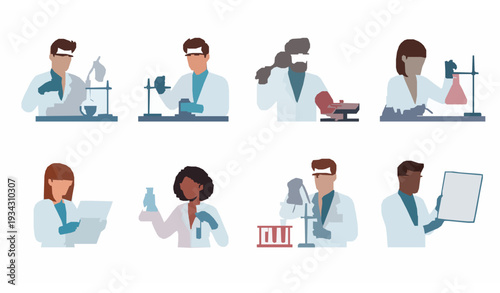 Chemistry laboratory scientists flat illustration pack science workers with lab equipment isolated on white background