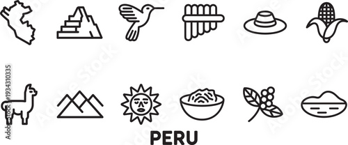 Peru travel thin line icons set with map, machu picchu, hummingbird, pan flute, hat, corn