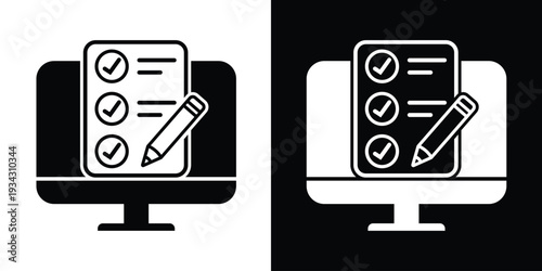 Vector icon of a digital form with a pencil and checkmarks. Perfect for online education, student testing, web surveys, customer feedback, and digital content creation themes.