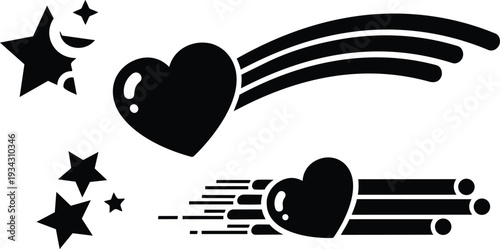 Flat vector heart with shooting rainbow style trail and star accents low angle side view glossy heart icon moving with motion blur playful minimal black white