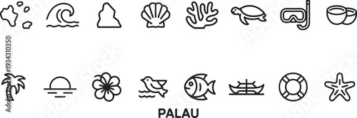 Palau travel thin line icons set with map, wave, rock, seashell, coral, turtle, snorkel