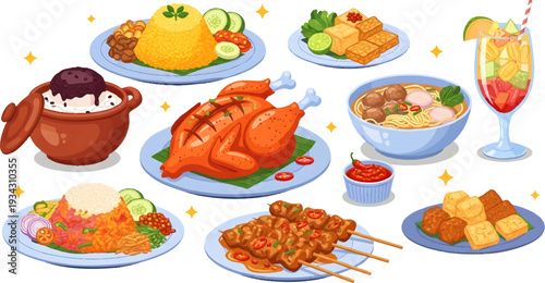 Flat Design vector Illustration of Popular Indonesian Meals: Chicken, Meatballs, and Satay