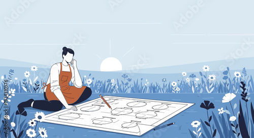 Artist drawing floral patterns in nature, creative inspiration, outdoor sketching