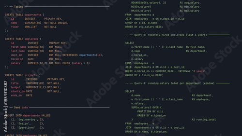 Modern Developer Programmer Screen with Database SQL Programming Language Code with Color Syntax Highlighting. Vector Illustration.