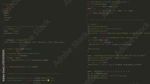 Digital Software Development Background Featuring Hello World Code in Next-Generation Programming Language with Structured Editor Interface.