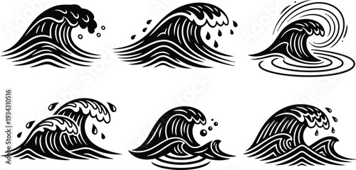 Minimalist black wave icon set six angles stylized ocean waves cresting with droplets flowing lines vector art set isolated on white background simple bold decorative coastal