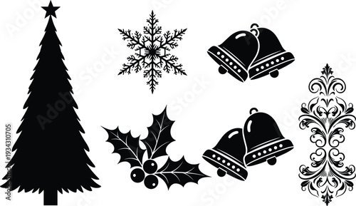 Set of Christmas holiday silhouettes including pine tree, snowflake, bells, and holly berry icons, winter celebration, cad drawing flat vector illustration.