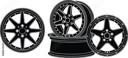 Minimalist vector art close up of four alloy wheel rims stacked and leaning showing five spoke design visible lug bolts low angle side view monochrome isolated