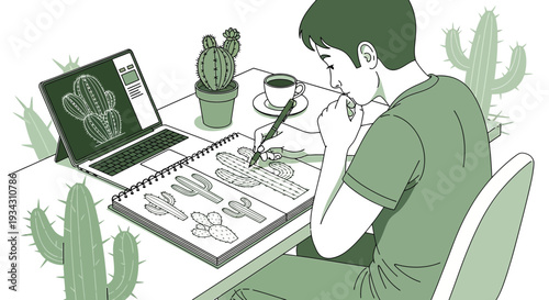 Artist drawing cactus designs in sketchbook with laptop and coffee