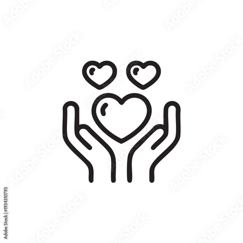 Hands cradling a heart surrounded by smaller hearts in a simple line art illustration conveying care and love