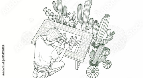 Artist Drawing Cacti on Table with Potted Plants and Sketchbook