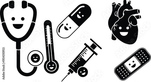 Flat design medical icons set smiling stethoscope syringe pill bandage heart and thermometer arranged on white background simple black vector illustration minimalist isolated mockup svg png