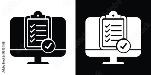 Flat icon of a clipboard with checkmarks on a monitor. Ideal for illustrating online task management, survey completion, electronic checklists, and digital project organization.