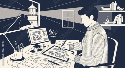 Artist Drawing Digital Art on Tablet, Lighthouse Inspiration, Creative Workspace